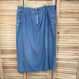 Ruff Hewn Skirt Blue Denim Midi Black Slit Front Pockets Belt Loops Size 18W